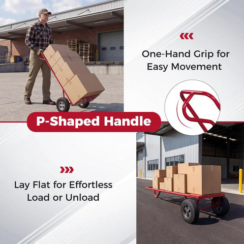 Heavy Duty Metal Hand Truck With 600 Pound Capacity And Ergonomic P Handle, shuffles boxes effortlessly outside.