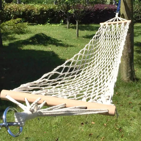 Single Cotton Rope Hammock With Wood Spreader Bar For Indoor Outdoor Use hand woven classic design holds up to 220 lbs