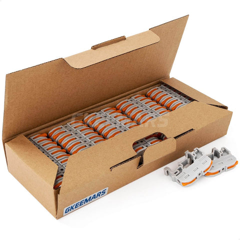 Universal DIN Terminal Block Kit With Lever Wire Connectors KV-121, 50 Pcs, displayed in open cardboard box