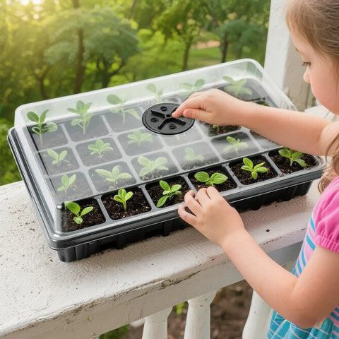 Child examines 24 Cell Seed Starter Tray With Dome For Easy Seed Starting, 5 Pack 2 Inch Plug Trays Totaling 120 Cells, outside on railing.