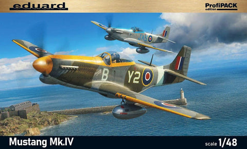 Mustang Mk.IV ProfiPack 1:48 Scale Model Kit For WWII Fighter Fans flying over coast, RAF markings visible, Eduard ProfiPack