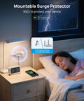 Mountable Surge Protector with 900J, shown on nightstand, charging devices beside a sleeping person.