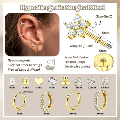 Hypoallergenic 14K Gold Plated Stud Hoop Earrings For Women Surgical Stainless Steel Flat Back Small Stack Hoops Cartilage Earring Set For Multiple Piercing Jewelry Gifts, 20G 6mm