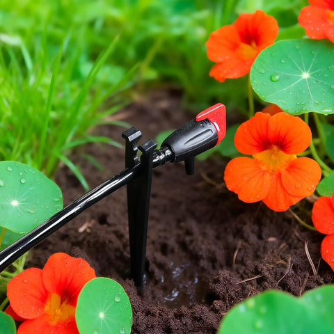 100 Pieces Drip Irrigation Stakes For 1/4 Inch Tubing, 5.68 Inch Long Plastic Stakes in garden with vibrant flowers
