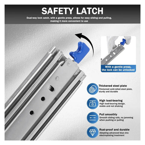 68 Inch Full Extension Drawer Slides Set 1 Pair Side Mount Cabinet Glides with safety latch detail