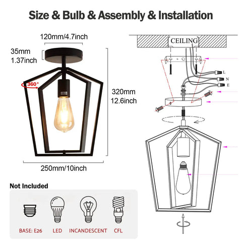 Rotating Black Semi Flush Mount Ceiling Light Fixture With 360 Degree Frame Over Kitchen Sink And Hallway Farmhouse Modern LED 1 Bulb 10 Inch Wide Dope Shape Shifter For Balcony Porch installation diagram