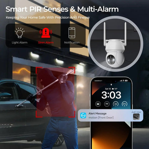 Wireless Outdoor Security Camera System with 2K Color Night Vision detects intruder with motion sensor alert on smartphone screen.