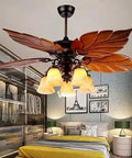 52-Inch Palm Ceiling Fan With Light And Chandelier, Five Wood Blades In Rustic Bronze Finish For Indoor Living Room