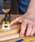 Six Piece Alloy Countersink Drill Bit Set With Depth Stop in use on wood, showing precise drilling with spiral edge and depth control.