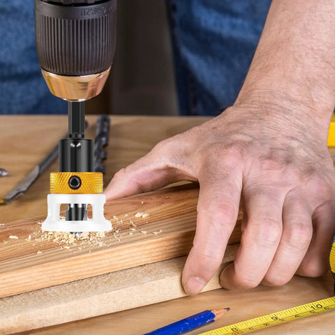 Six Piece Alloy Countersink Drill Bit Set With Depth Stop in use on wood, showing precise drilling with spiral edge and depth control.