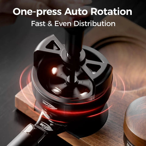 Kick Up Your Espresso Game With This Heavy Duty 58mm WDT Tool Featuring 14 Micron Needles To Crush Clumps And Stop Channeling Auto Rotate Grip Adjustable Depth Magnetic Dock Home Setup Essential in close-up, showcasing auto rotation feature.