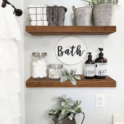 Floating Wall Shelves Set Of 2 In Rustic Brown Farmhouse Style 23.6 Inch Long MDF Shelves with bath sign and decor items