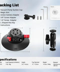 Packing list and specifications for 6 Inch Camera Suction Cup Mount With Ball Head Magic Arm For Car Windshield Or Dash