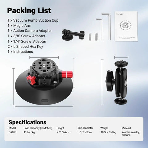 Packing list and specifications for 6 Inch Camera Suction Cup Mount With Ball Head Magic Arm For Car Windshield Or Dash
