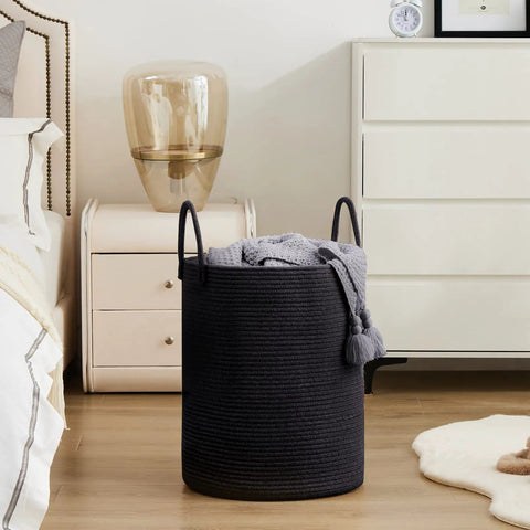 Dope Eco Friendly Tall Rope Laundry Hamper Made From Natural Cotton Rope 72L with blanket, bedroom setting.