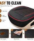 Top Tier Breathable Leather Front Seat Cushion With Plush Padding And Non Slip Grip For Tesla Cybertruck Model 3 Model S And Just About Any Daily Driver In Bold Red, showing easy clean features.