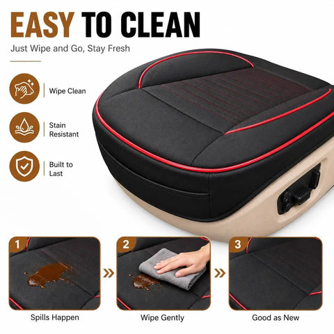 Top Tier Breathable Leather Front Seat Cushion With Plush Padding And Non Slip Grip For Tesla Cybertruck Model 3 Model S And Just About Any Daily Driver In Bold Red, showing easy clean features.