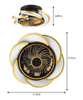 17-Inch Bladeless Ceiling Fan Light, Remote, 6-Speed, Low Profile, Gold from the top showing decorative petals and dimensions.