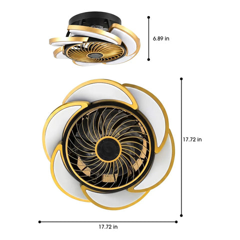 17-Inch Bladeless Ceiling Fan Light, Remote, 6-Speed, Low Profile, Gold from the top showing decorative petals and dimensions.