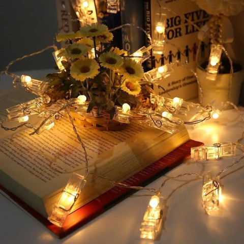 40 LED Photo Clip String Lights With Remote USB Powered 25.75 Ft Long 8 Modes For Hanging Photos Cards And Memos on books