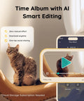 Indoor cat beside 2K Pet Cam With Treat Dispenser And AI Photo Album showing time album feature on mobile screen.