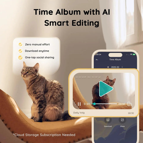 Indoor cat beside 2K Pet Cam With Treat Dispenser And AI Photo Album showing time album feature on mobile screen.