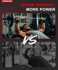 Two men performing bench presses in gym, comparing strength and performance with more weight, more power theme.