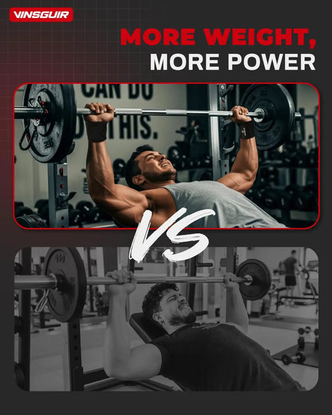 Two men performing bench presses in gym, comparing strength and performance with more weight, more power theme.