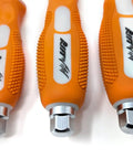 Close-up of JIS Screwdriver Set Three Piece Chrome Vanadium Steel With Magnetic Tips handles, showing orange grips.