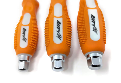 Close-up of JIS Screwdriver Set Three Piece Chrome Vanadium Steel With Magnetic Tips handles, showing orange grips.