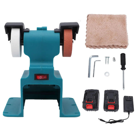 Estink Mini Bench Grinder With 2 Batteries And 7000Rpm For Grinding Polishing Sharpening Metal Tools, teal base, two wheels, accessories included.