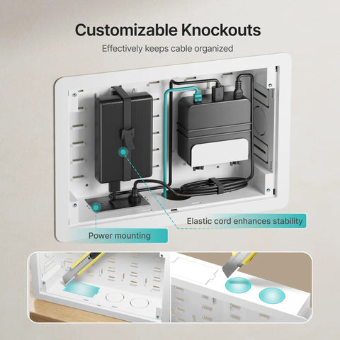 9 Inch In Wall Media Box Recessed Cable Management Kit For TV Wire Organization And AV Component Storage with customizable knockouts.