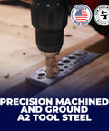 Premium doweling tool showing 17-hole A2 tool steel plate in use for precision woodworking, Made in USA.