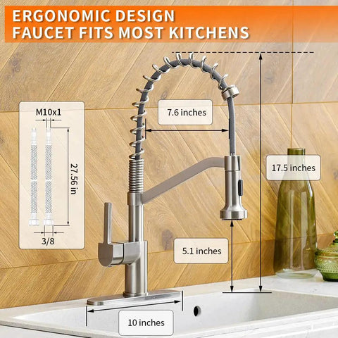 Brushed Nickel Kitchen Faucet With Pull Down Sprayer, Single Handle, Single Hole Mount For Farmhouse Sinks, RV Kitchens, Includes Deck Plate