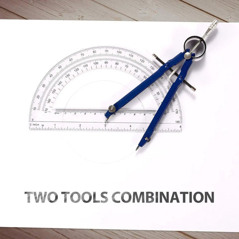Premium Precision Compass Set With Spring Bow Protractor Locking Mechanism featured with two tools on paper.