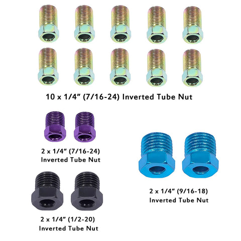 Inverted tube nuts kit: 10x 1/4 in (7/16-24) gold; 2x purple (7/16-24); 2x gray (1/2-20); 2x blue (9/16-18).