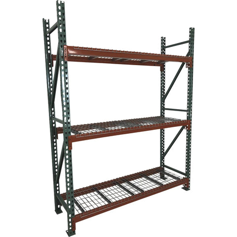 Rock Solid Teardrop Pallet Rack Frame 42 By 240 Inches Single Unit for busy warehouses with three wire mesh shelves.