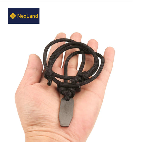 Hand holding Ceramic Striker Fire Starter Necklace With Ferro Rod Toggle And Paracord All In One Bushcraft Emergency Fire Starter Kit.