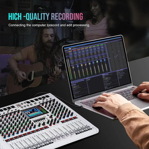 Musician using 12 Channel DJ Mixer With Large LCD Color Screen Isolated Independent Mute Built In 7 Band EQ And 99 Reverb for recording