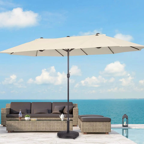 Beefy 52 Pound Heavy Duty Umbrella Base With Brakeable Wheels For Outdoor Use Fits Market Umbrellas 1.5 To 1.89 Inch Poles Resin Patio Stand For Deck Porch Poolside Black supporting beige umbrella by poolside with ocean view