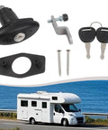 Rugged Heavy Duty Tubular Cam Lock for RV Cabinets and Toolboxes, zinc alloy, black, with 2 keys, shown with RV in background
