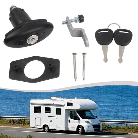 Rugged Heavy Duty Tubular Cam Lock for RV Cabinets and Toolboxes, zinc alloy, black, with 2 keys, shown with RV in background