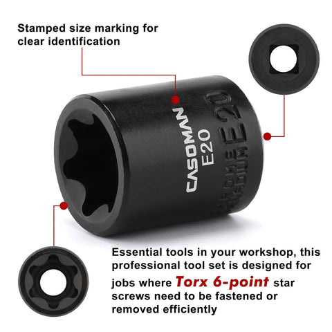 Eleven Piece Female Torx Socket Set With E Torx And Star Sockets Pro Grade Heavy Duty One Quarter And Three Eighths Inch Drives Drop Forged Chrome Vanadium Black Phosphate Finish Includes Rail Clip On Storage