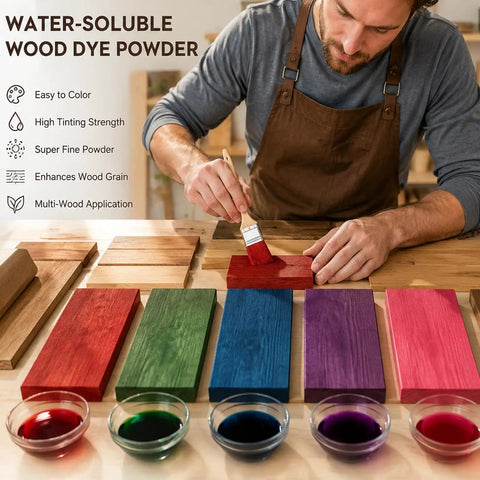 Man applying Top Shelf Water Activated Wood Dye Powder Kit Featuring Five Hella Bold Pigments on wood pieces.