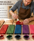 Person applying Hella Vivid 9 Color Wood Dye Powder Bundle Super Fast Dry Pigment For Furniture Flip Indoor Outdoor Waterproof Liquid Wood Stain For Craft And DIY 4 Oz Each on wood