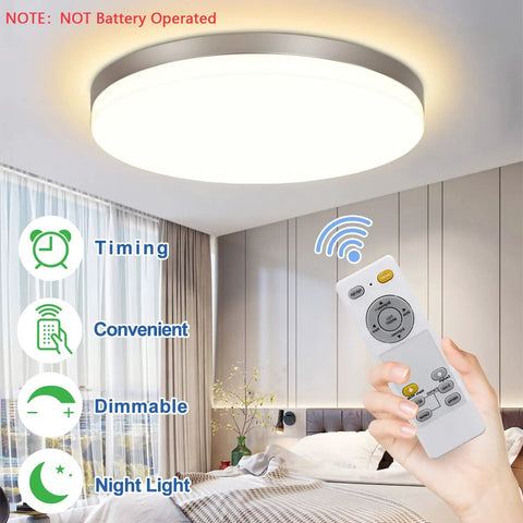 Dope 24W Modern LED Flush Mount Ceiling Light with Easy Remote Control in bedroom, illustrating timing and dimmable features.