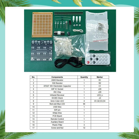 Soldering Practice Kit For Beginners 4x4x4 LED Color Light Cube Electronics DIY Project parts spread on table with component list.