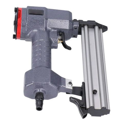 Professional Brad Nailer With Low Air Consumption And Snag Free Performance Offers Fast Power With Ergonomic Comfort Grip Handle side angle view showing aluminum body and nail magazine.