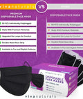 Comparison chart of Ultra Thick 4-Ply Black Disposable Face Masks, showing features like adjustable nose strip, ear loops, and packaging.