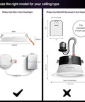 Philips Hue Slim 4 Inch Downlight and Retrofit Recessed 4 Inch Downlight showing dimensions for ceiling installation.